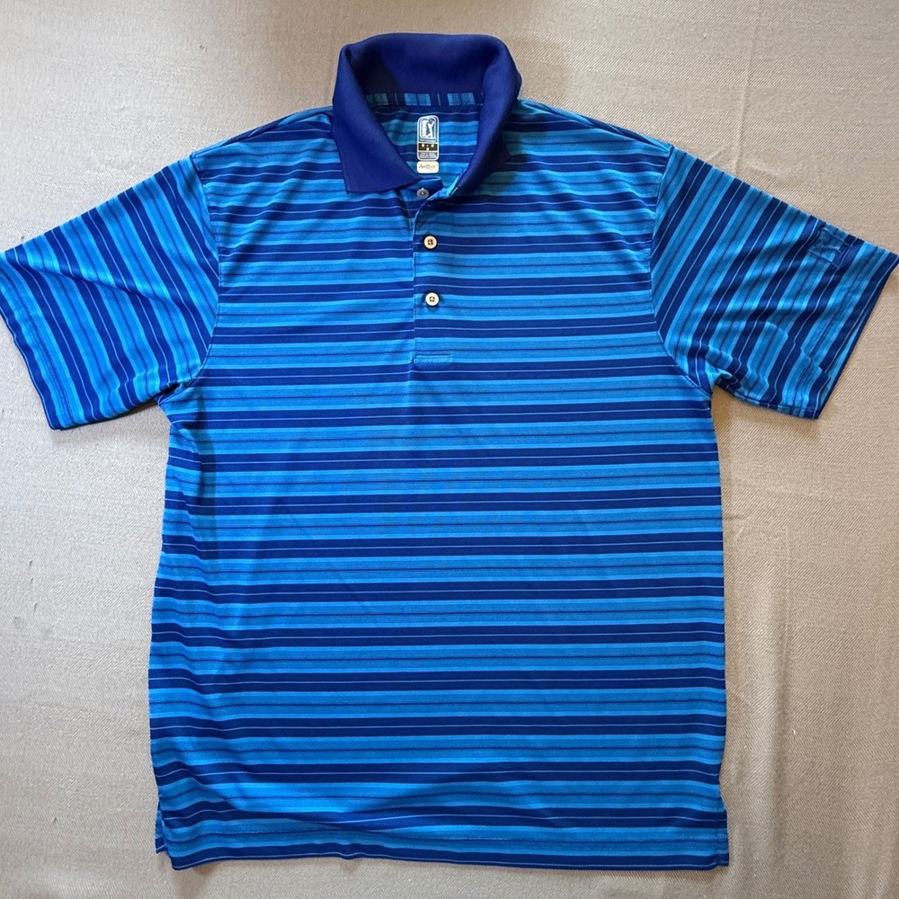 PGA Tour Airflux Mens Medium Blue Striped Mesh Golf Polo Shirt Short Sleeve 2147